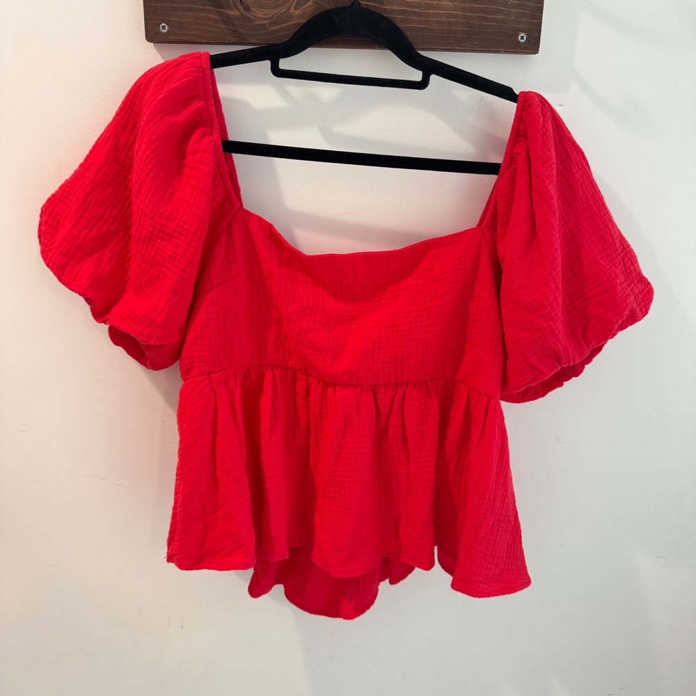 Altar'd‎ State Red Cotton Gauze Puff Sleeve Peplum Tie Back Top XXL NWT